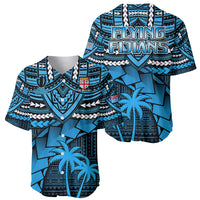 Blue rugby baseball jersey with collar, tribal pattern and palm print, front and back shown