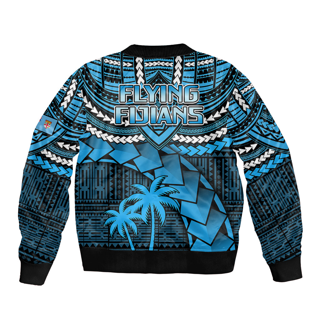Blue unisex bomber jacket, back with “FLYING FIJIANS” text and palm print