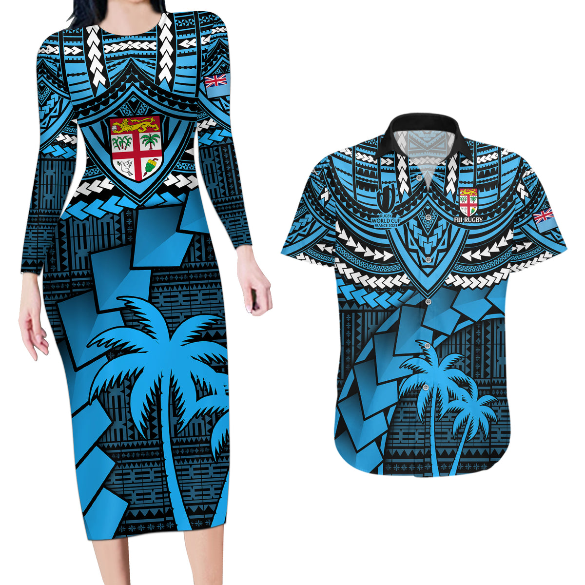 Fiji Rugby Couples Matching Long Sleeve Bodycon Dress and Hawaiian Shirt Go Fijian Tapa Arty with World Cup Vibe LT9 - Wonder Print Shop