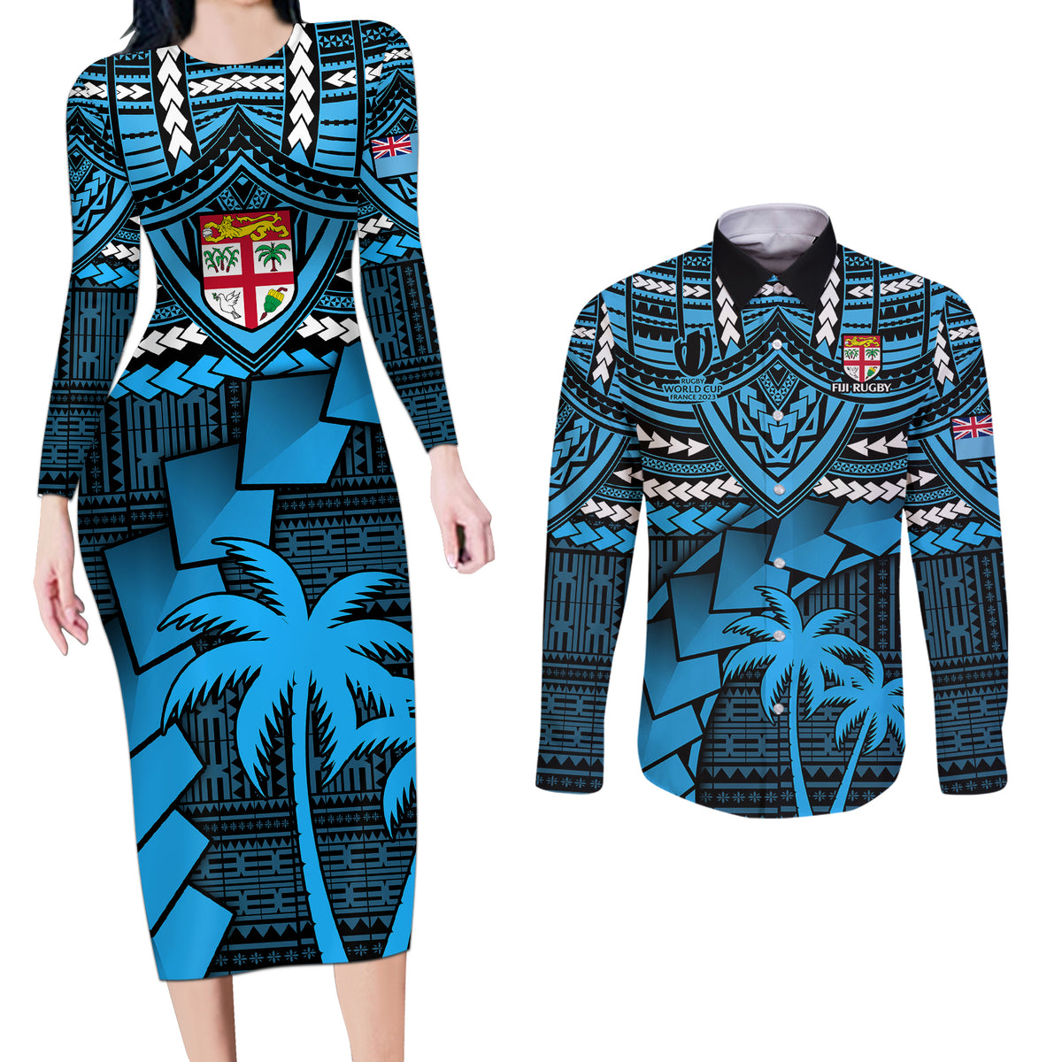 Fiji Rugby Couples Matching Long Sleeve Bodycon Dress and Long Sleeve Button Shirts Go Fijian Tapa Arty with World Cup Vibe LT9 - Wonder Print Shop