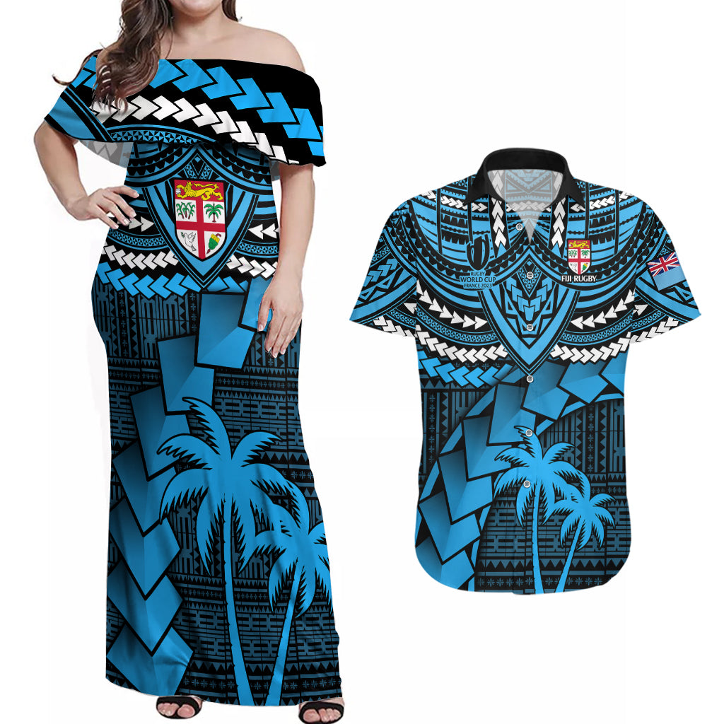 Fiji Rugby Couples Matching Off Shoulder Maxi Dress and Hawaiian Shirt Go Fijian Tapa Arty with World Cup Vibe LT9 - Wonder Print Shop
