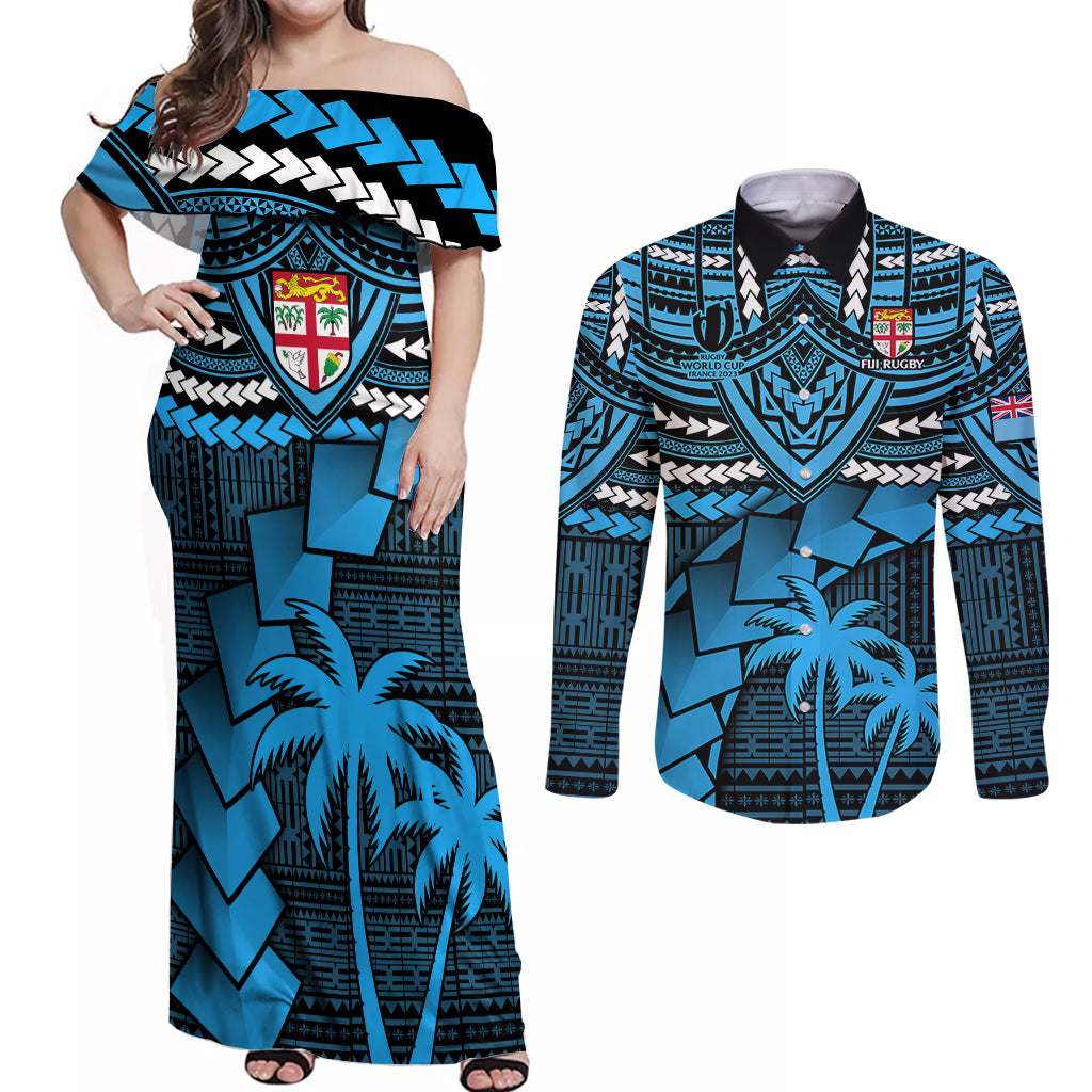 Fiji Rugby Couples Matching Off Shoulder Maxi Dress and Long Sleeve Button Shirts Go Fijian Tapa Arty with World Cup Vibe LT9 - Wonder Print Shop