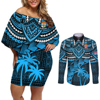 Fiji Rugby Couples Matching Off Shoulder Short Dress and Long Sleeve Button Shirts Go Fijian Tapa Arty with World Cup Vibe LT9 - Wonder Print Shop