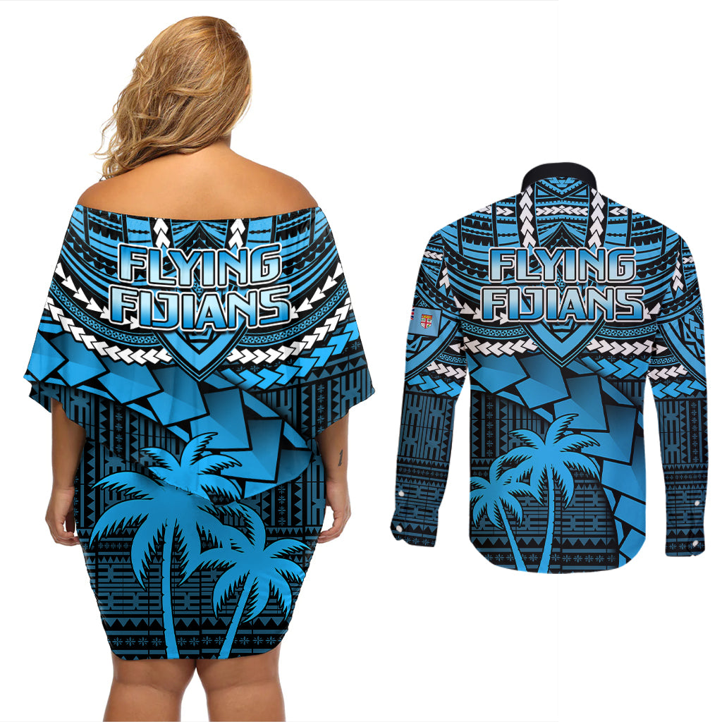 Fiji Rugby Couples Matching Off Shoulder Short Dress and Long Sleeve Button Shirts Go Fijian Tapa Arty with World Cup Vibe LT9 - Wonder Print Shop