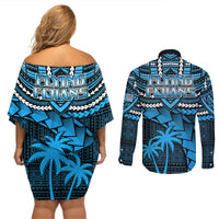 Fiji Rugby Couples Matching Off Shoulder Short Dress and Long Sleeve Button Shirts Go Fijian Tapa Arty with World Cup Vibe LT9 - Wonder Print Shop