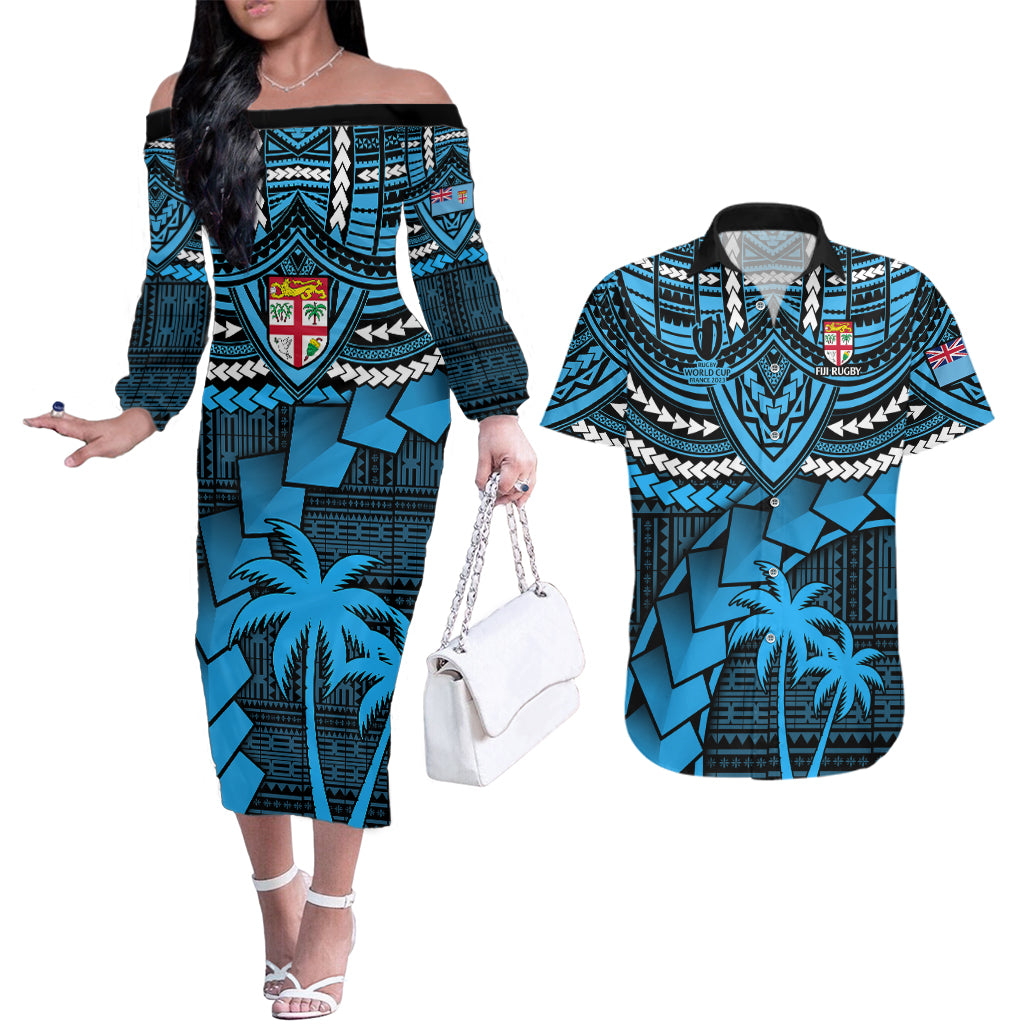 Fiji Rugby Couples Matching Off The Shoulder Long Sleeve Dress and Hawaiian Shirt Go Fijian Tapa Arty with World Cup Vibe LT9 - Wonder Print Shop