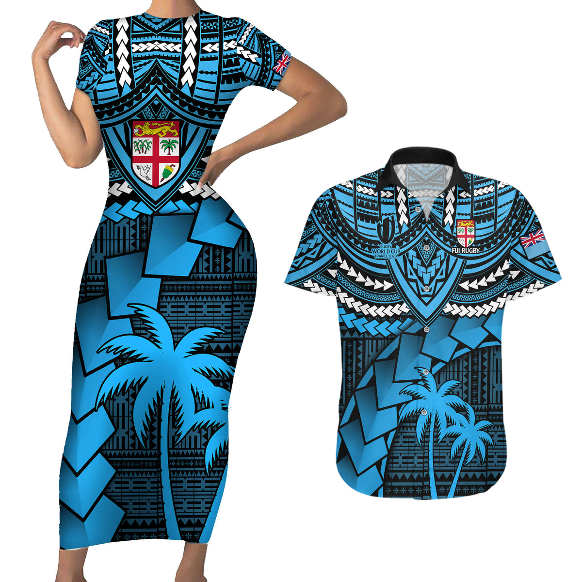 Fiji Rugby Couples Matching Short Sleeve Bodycon Dress and Hawaiian Shirt Go Fijian Tapa Arty with World Cup Vibe LT9 - Wonder Print Shop