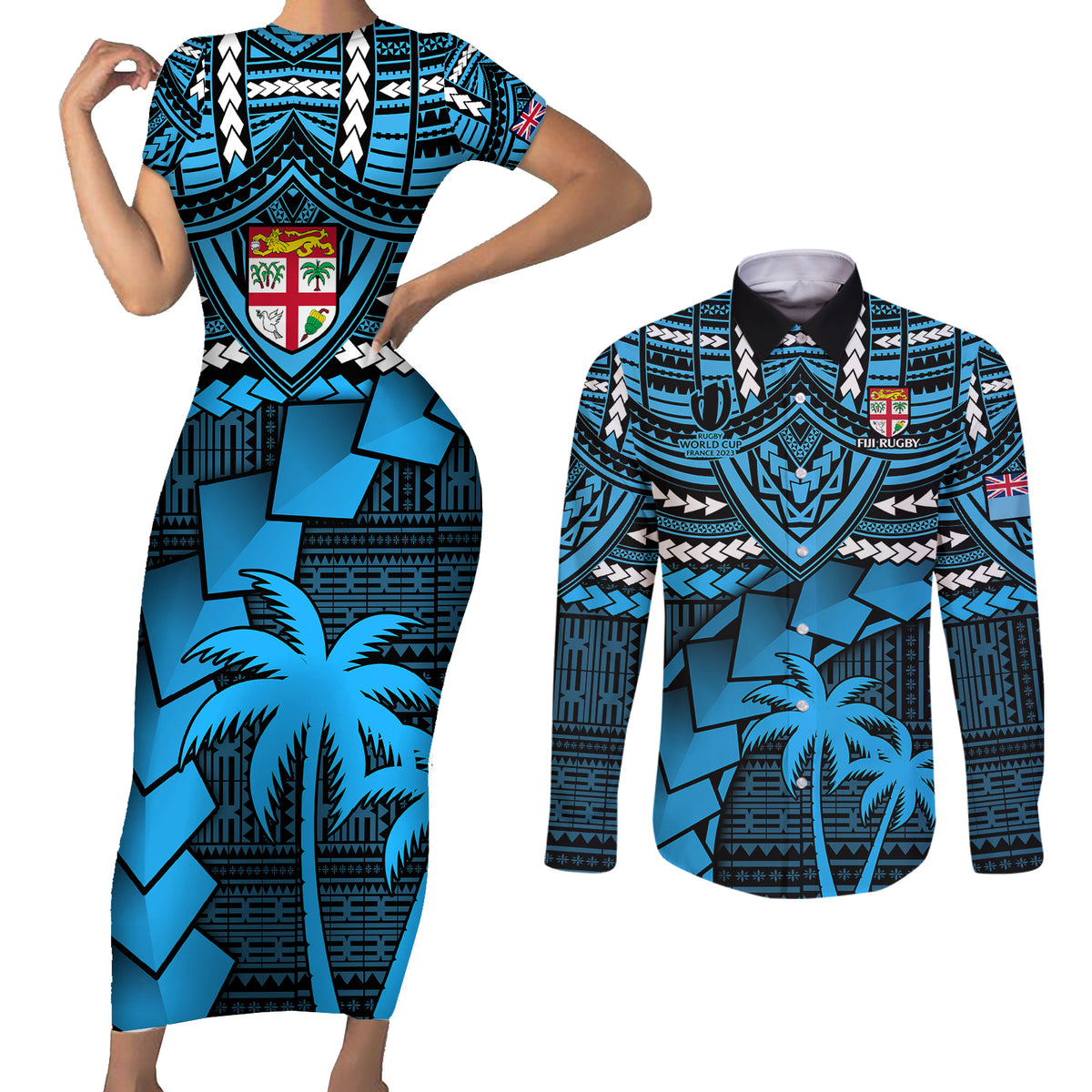 Fiji Rugby Couples Matching Short Sleeve Bodycon Dress and Long Sleeve Button Shirts Go Fijian Tapa Arty with World Cup Vibe LT9 - Wonder Print Shop