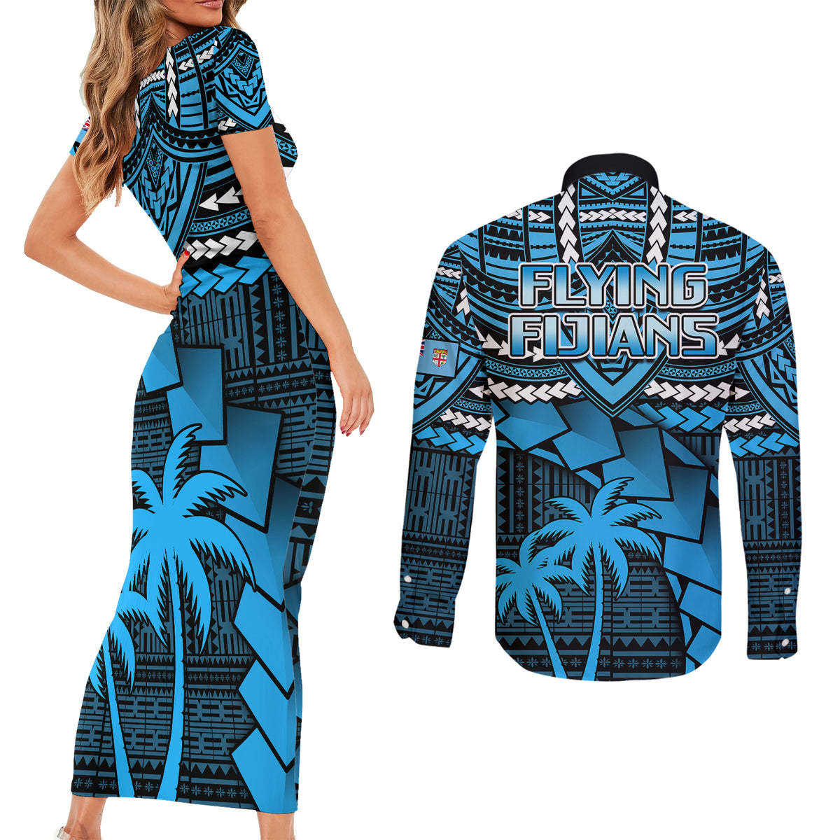 Fiji Rugby Couples Matching Short Sleeve Bodycon Dress and Long Sleeve Button Shirts Go Fijian Tapa Arty with World Cup Vibe LT9 - Wonder Print Shop
