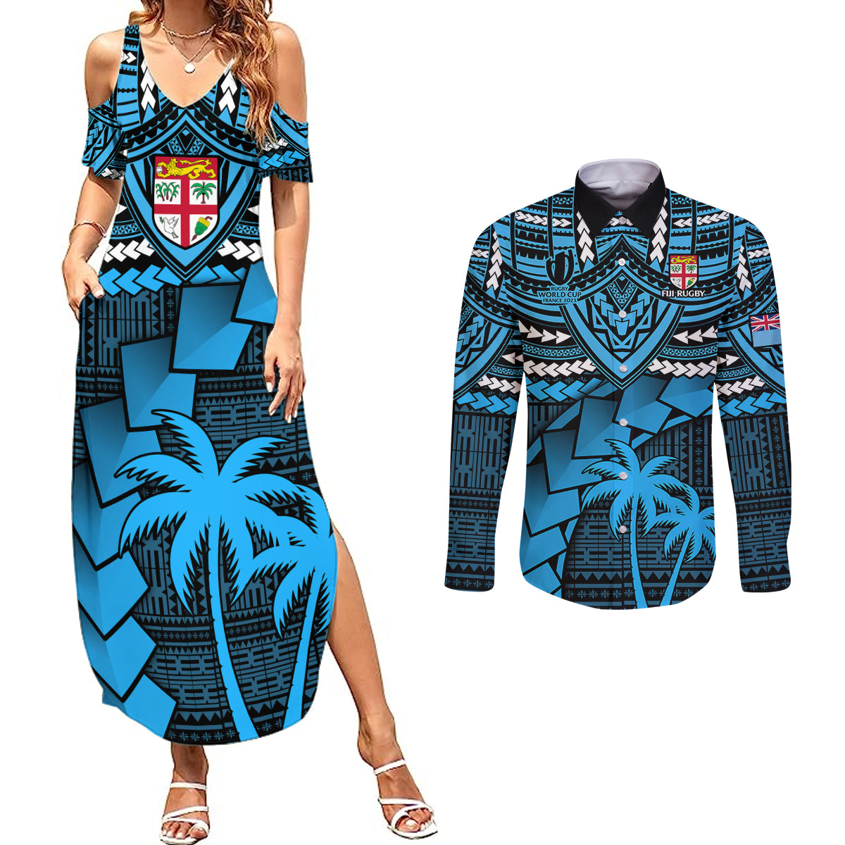 Fiji Rugby Couples Matching Summer Maxi Dress and Long Sleeve Button Shirts Go Fijian Tapa Arty with World Cup Vibe LT9 - Wonder Print Shop