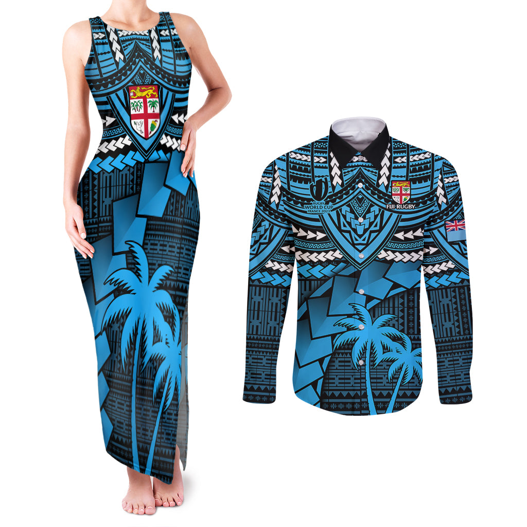 Fiji Rugby Couples Matching Tank Maxi Dress and Long Sleeve Button Shirts Go Fijian Tapa Arty with World Cup Vibe LT9 - Wonder Print Shop
