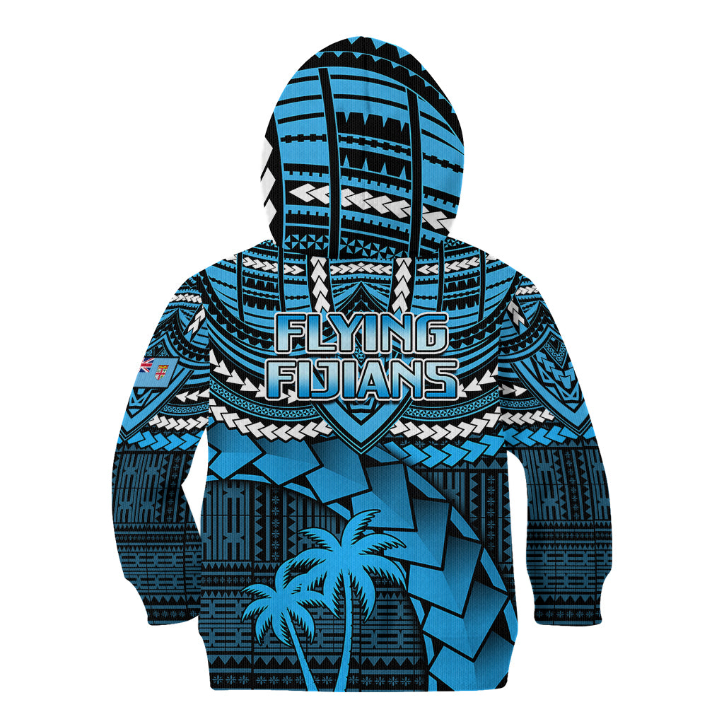 Kids blue patterned full-zip hoodie, back text "FLYING FIJIANs" and shield graphic