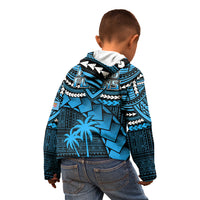 Kids blue patterned full-zip hoodie with hood, back view over denim jeans