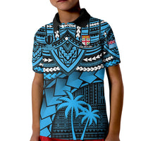 Kids blue rugby polo shirt with tribal pattern, palm graphic and black collar