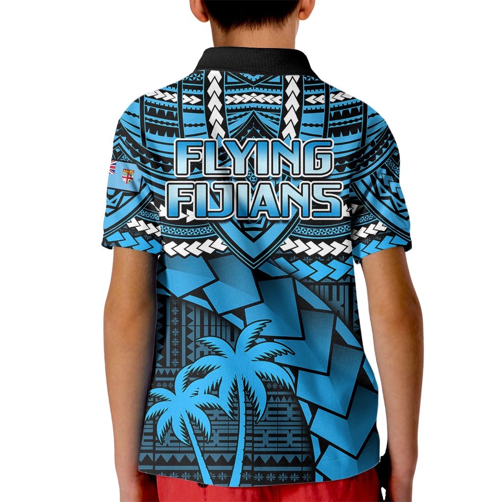Kids blue rugby polo shirt with Flying Fijians back graphic and black collar