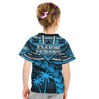 Kids blue rugby T-shirt, back print with 'FLYING FIJIANs' and tribal pattern