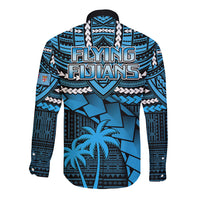 Blue long-sleeve rugby button shirt with tribal print, palm tree, and 'FLYING FIJIANs'