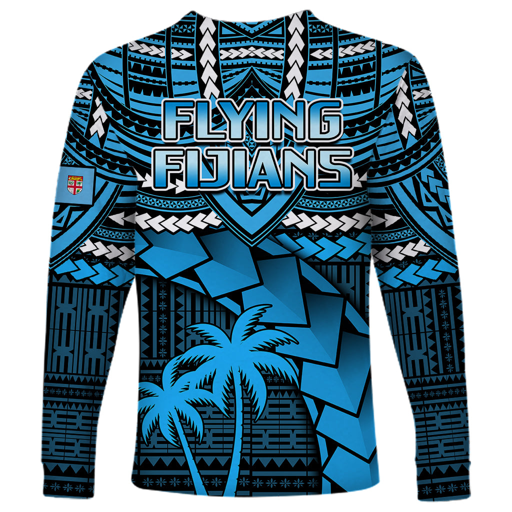 Blue rugby long-sleeve shirt with Flying Fijians text, tribal patterns and palm tree