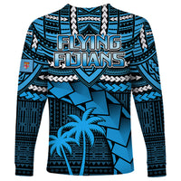 Blue rugby long-sleeve shirt with Flying Fijians text, tribal patterns and palm tree