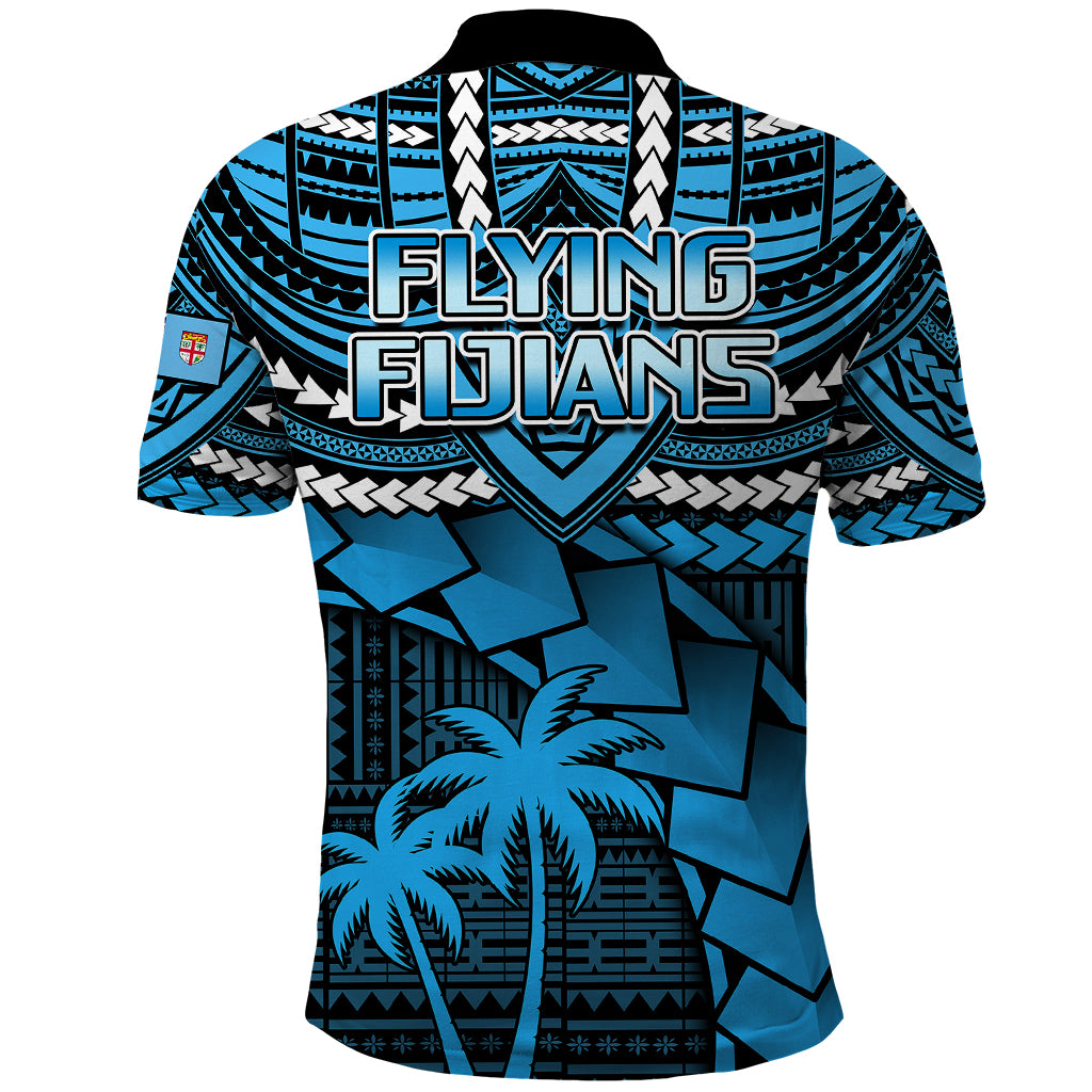 Blue rugby polo shirt back with 'FLYING FIJANS' text and tribal palm print