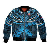 Blue unisex zip-up bomber jacket with tribal print, ribbed cuffs and hem