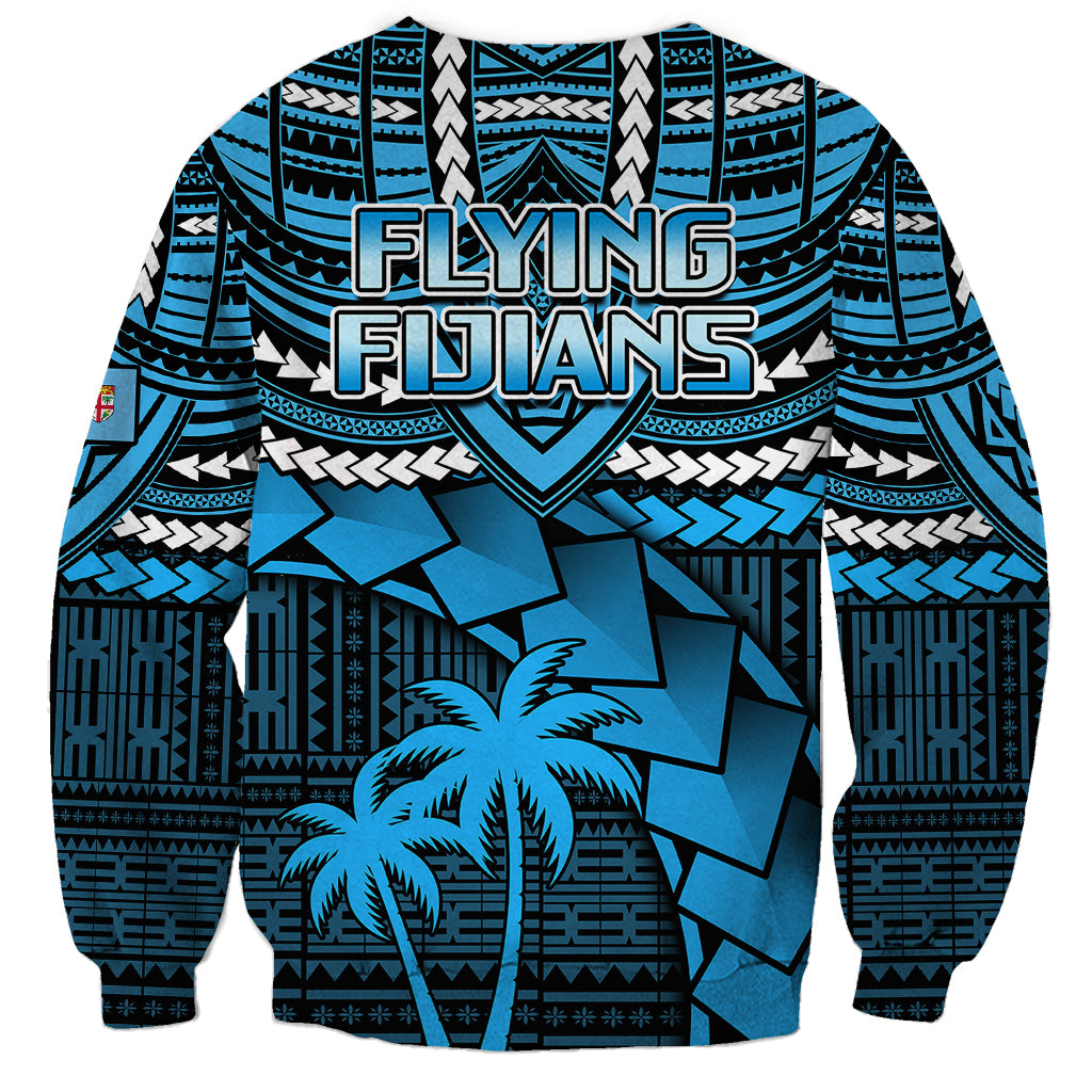 Unisex blue rugby sweatshirt with Flying Fijians text, tribal patterns and palm tree art