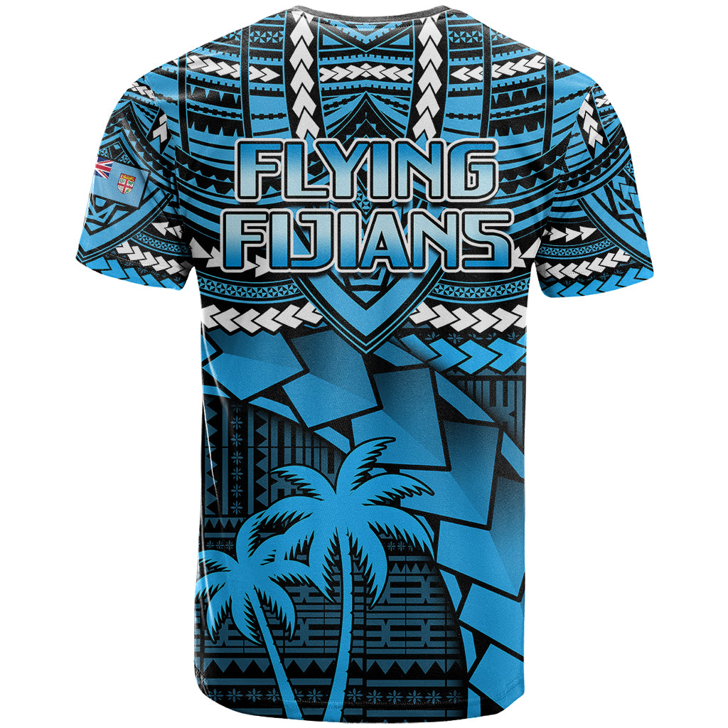 Blue rugby T-shirt back with 'FLYING FIJIANs' text, tribal art and palm trees