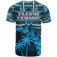 Blue rugby T-shirt back with 'FLYING FIJIANs' text, tribal art and palm trees