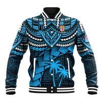 Blue patterned rugby-style baseball jacket with black zip, striped ribbed collar and cuffs