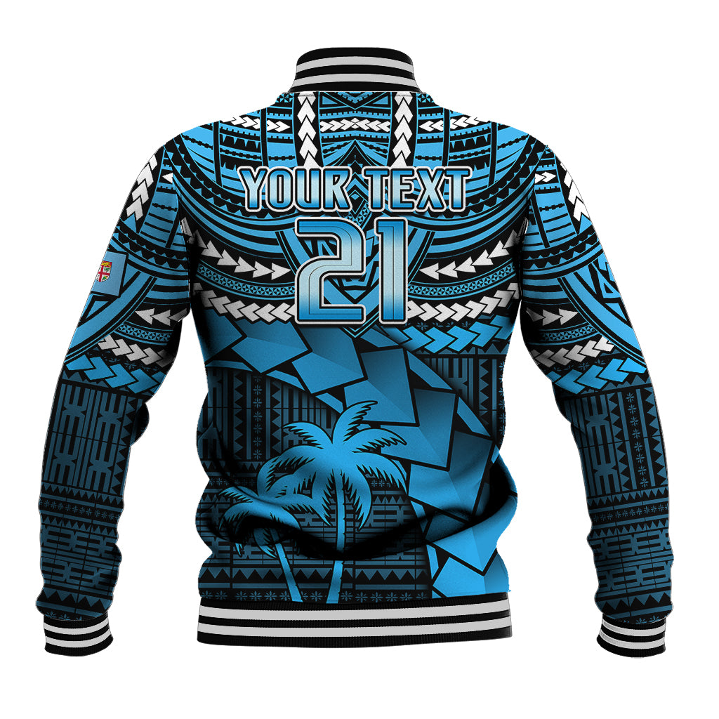 Blue patterned jacket back with 'YOUR TEXT 61' graphic, palm tree, ribbed collar