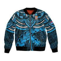 Blue zip-front bomber jacket with teal tribal pattern and palm tree graphic