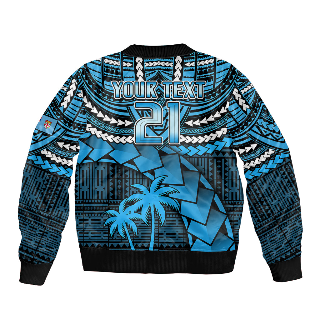 Blue bomber jacket with zip front; back reads 'YOUR TEXT 1' with palm tree