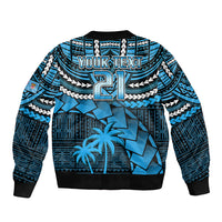 Blue bomber jacket with zip front; back reads 'YOUR TEXT 1' with palm tree