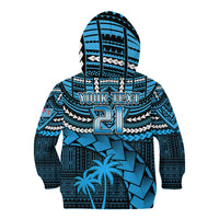 Blue back-view kids zip hoodie showing 'YOUR TEXT' graphic and hood