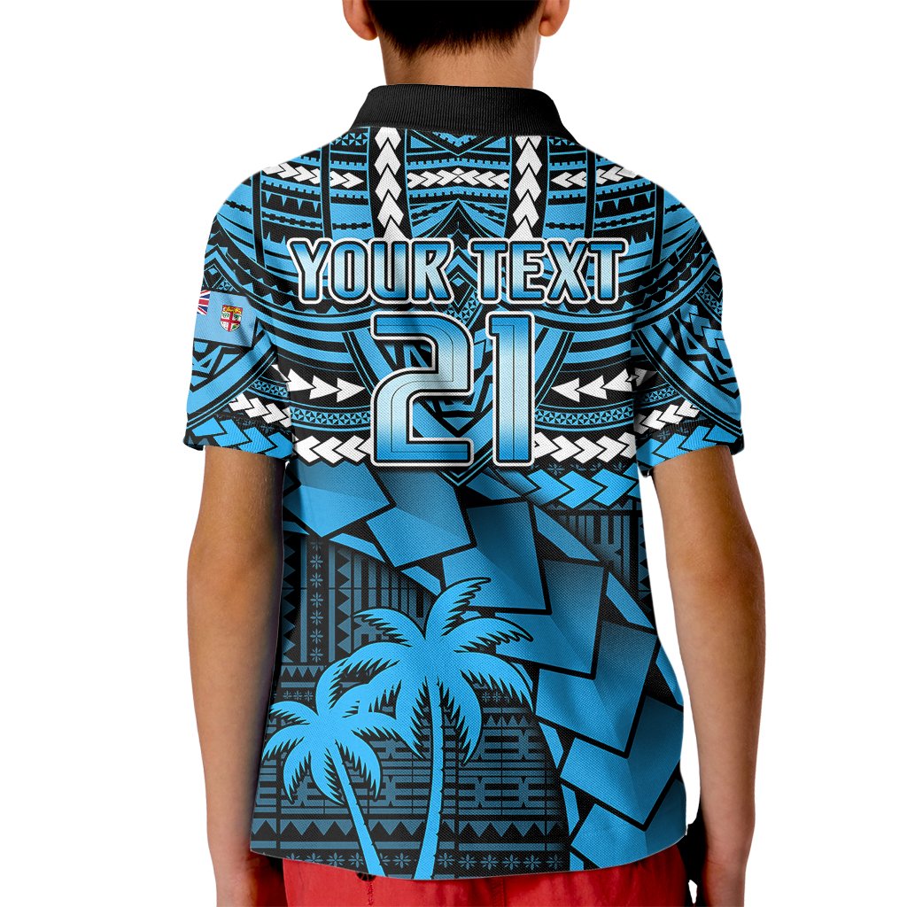 Kids blue rugby polo shirt, back has YOUR TEXT and C1 print, black collar