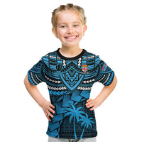 Kids blue rugby T-shirt with bold tribal tiki graphic and black crew neck