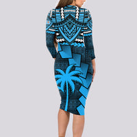 Blue long-sleeve bodycon dress, side view, tribal geometric and palm graphic
