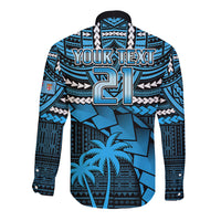 Blue long sleeve button rugby shirt with tribal patterns, palm tree graphic, and your text