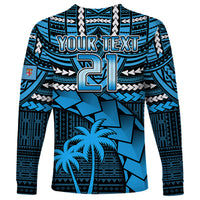 Blue long-sleeve rugby shirt with geometric print, palm tree, and large custom text