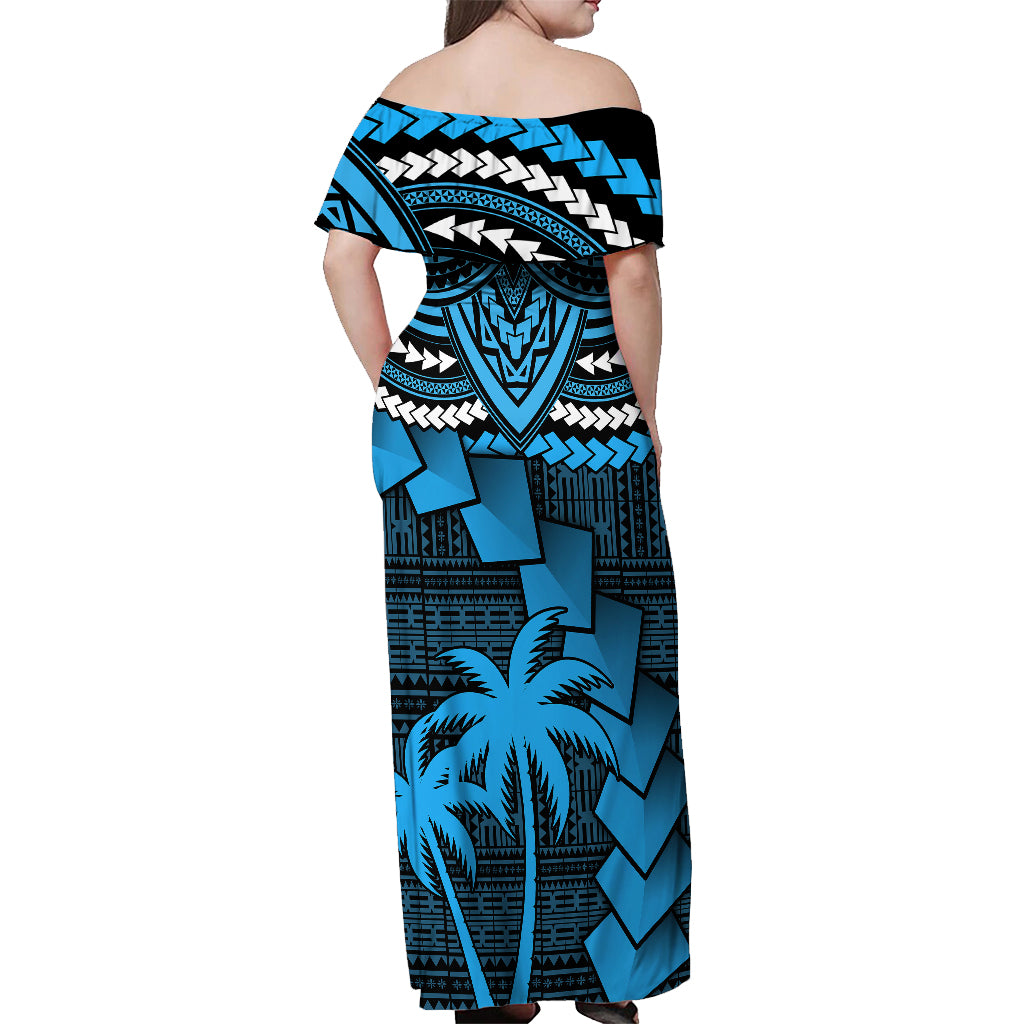 Blue off-shoulder maxi dress with off-shoulder neckline, shield and palm motif print