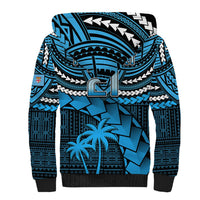 Blue sherpa-lined hoodie with large center emblem and tribal geometric pattern