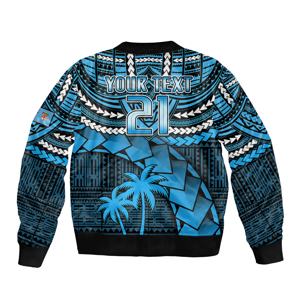 Blue patterned zip bomber jacket with ribbed cuffs, large 'YOUR TEXT' and '2' graphic