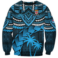 Blue Fiji-style rugby sweatshirt, crewneck pullover with shield and tribal print front