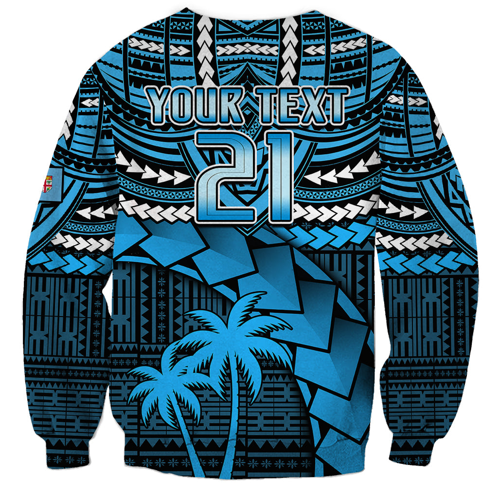 Blue rugby sweatshirt with tribal print, crewneck pullover, large 'YOUR TEXT' 61 front