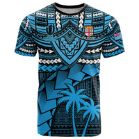Blue rugby shirt with tribal shield and palm tree graphic