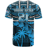 Blue custom rugby T-shirt with 'YOUR TEXT' and number 61 on front