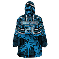 Blue blanket hoodie with 'YOUR TEXT' and 61 on back, hooded front graphic