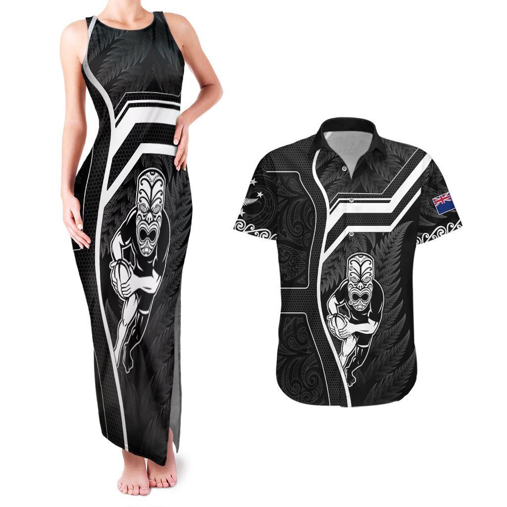 New Zealand Aotearoa Rugby Couples Matching Tank Maxi Dress and Hawaiian Shirt Black Fern Maori Tribal Sporty Style LT9 - Wonder Print Shop