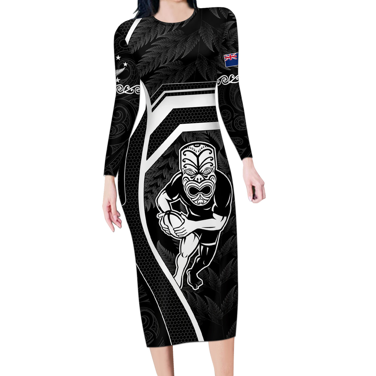 New Zealand Aotearoa Rugby Long Sleeve Bodycon Dress Black Fern Maori Tribal Sporty Style - Wonder Print Shop