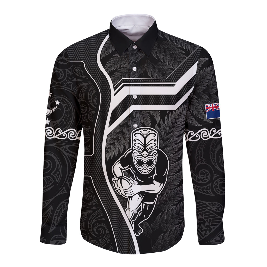 New Zealand Aotearoa Rugby Long Sleeve Button Shirt Black Fern Maori Tribal Sporty Style - Wonder Print Shop
